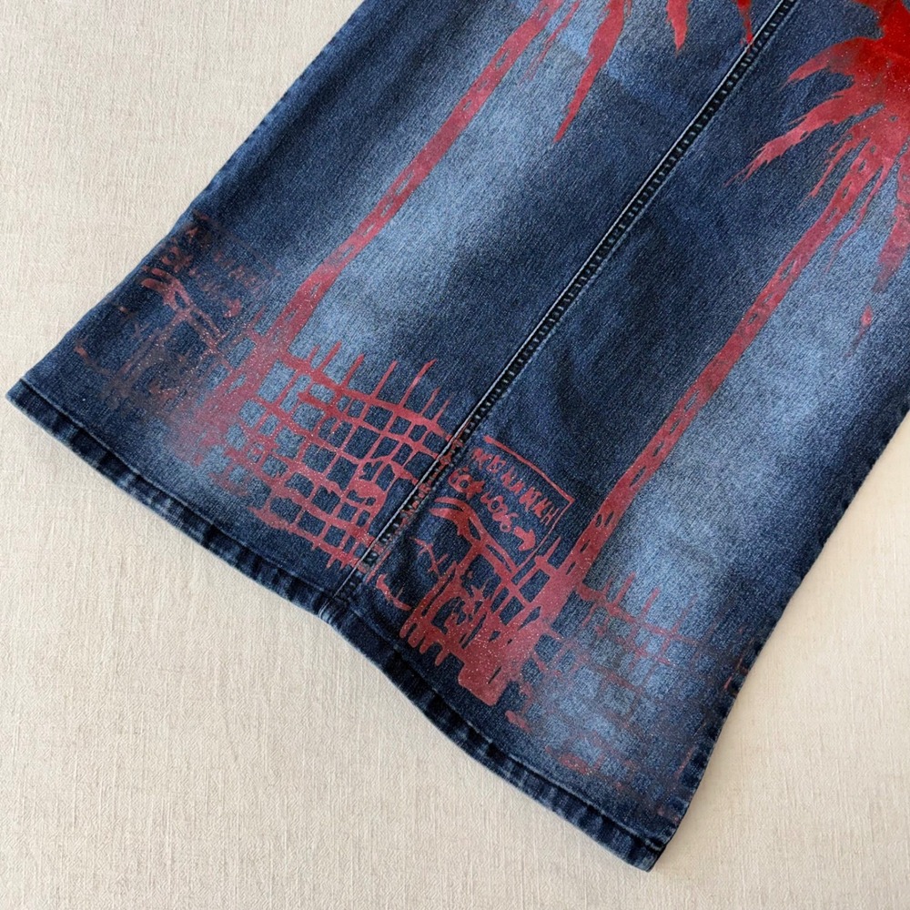 Milenium Denim Maxi Skirt Size 0 Blue Red Palm Tree Graphic Print Y2K Streetwear - Picture 6 of 10